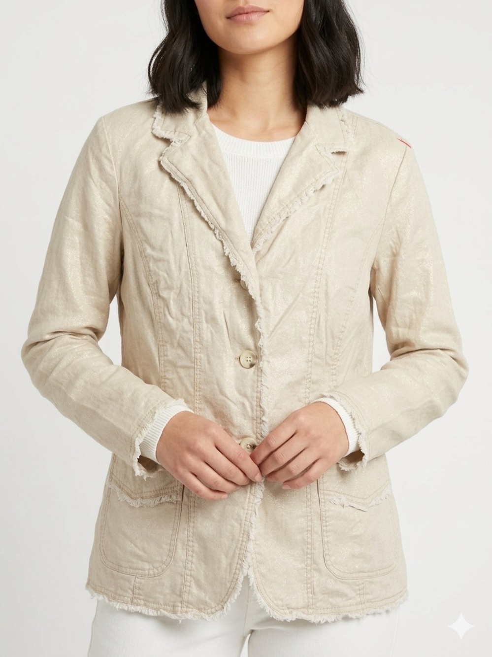 Women’s Beige Metallic Linen Blend Frayed Trim Jacket Size 2X/2T